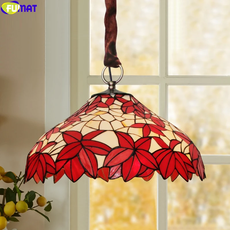 

FUMAT Tiffany Style Pendant Lamp Red Maple Leaf Shade Light Stained Glass Reverse Chandeliers Colorfull Decorative Handcraft Art