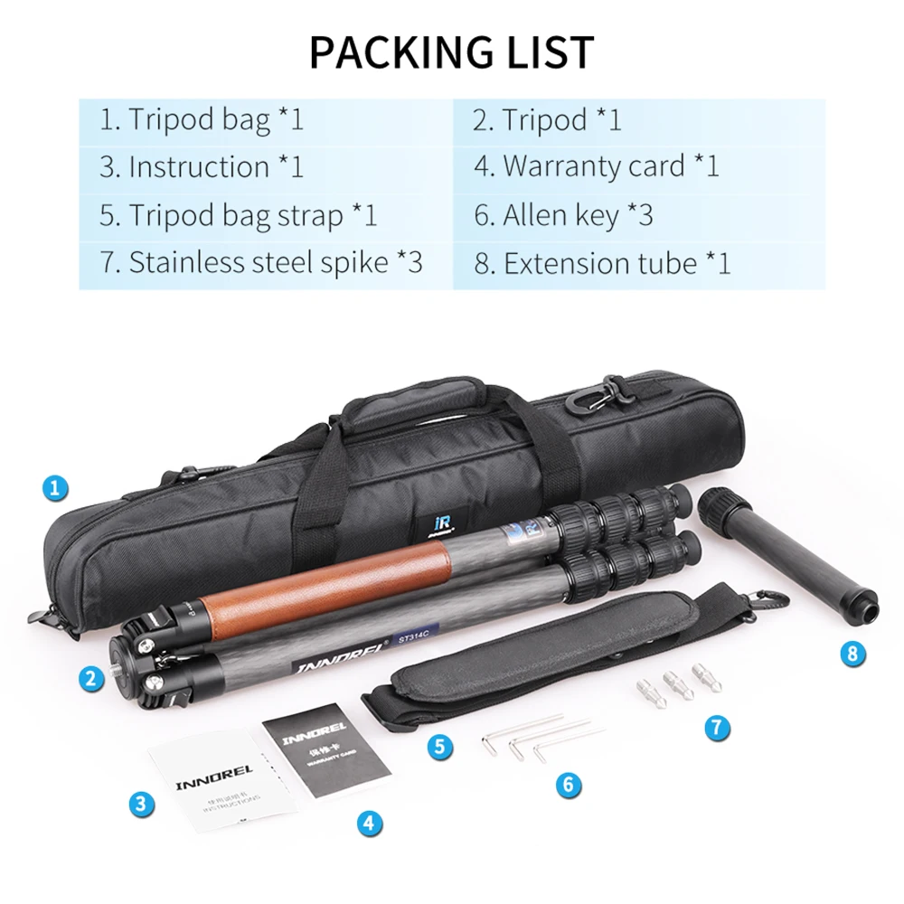 

INNOREL ST314C 10 Layers Carbon Fiber Tripod Monopod for DSLR Camera Heavy Stand with Extension Tube Lifting Rod Center Column