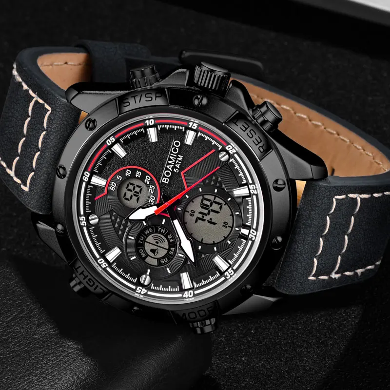 Мужские водонепроницаемые аналоговые кварцевые часы с хронографом и кожаным
