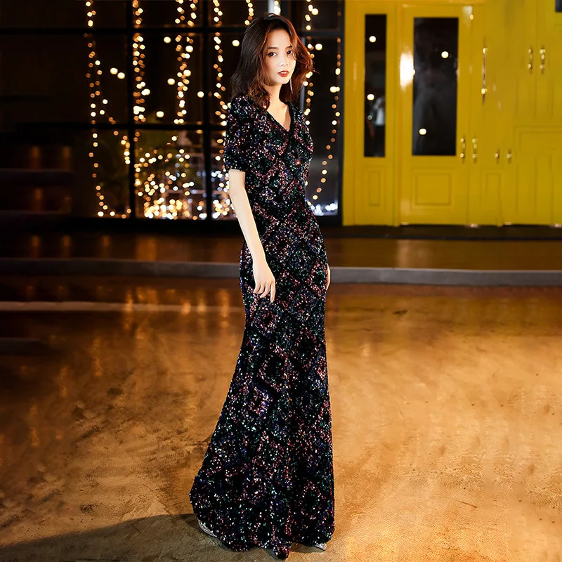 Women Sexy Black Banquet Dresses Exquisite Sequins Mermaid Evening Party Dress Tassel Floor Length Qipao Robe De Soiree