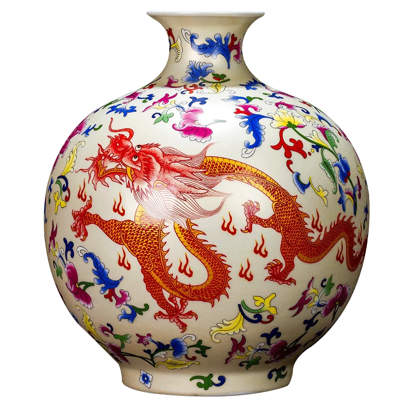 Jingdezhen porcelain vase yellow plum vase dragon pattern vase, Chinese living room, wine cabinet flower arrangement decoration