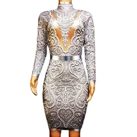silver long sleeve women skinny dress shining diamonds backless short dress singer stage costume party show dancer outfit