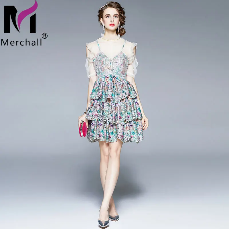 

Summer Boho Hollow Out Ball Gown Dress Woman's Mesh Floral Print O Neck Short Sleeve Cascading Ruffle Party Mini Dresses M66753