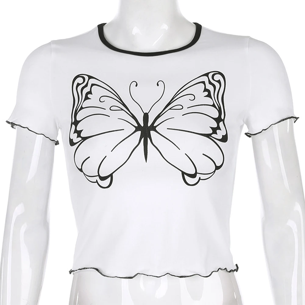 

2020 Harajuku Summer Fashion Womens White Short T-Shirt Butterfly Print Crop Tops Short Sleeve T Shirt Girls Casual Clothing