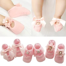 Носки для новорожденных девочек, 3 пары/Лот, хлопковые, Нескользящие, с цветочным кружевом, с бантом, Весна Детские носки для пола