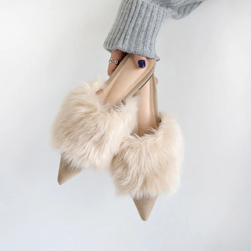 

Style 100% Rabbit Fur House Slippers Furry Half Slippers Pointed Flat Slippers Ladies Autumn And Winter Outdoor Indoor Slippers