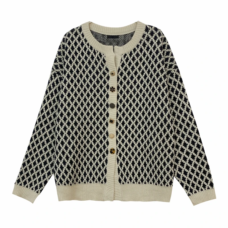 

Autumn Winter Open Stitch Jumpers O-neck Long Sleeve Women Knit Cardigans Sweater Single-breasted Female Plaid Sweater Jumper