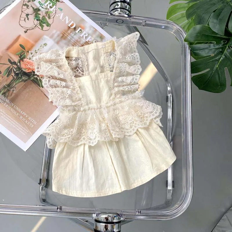 

Light oatmeal lace skirt dress Korean Maltese small body than bear pet dog clothes spring and summer princess dress