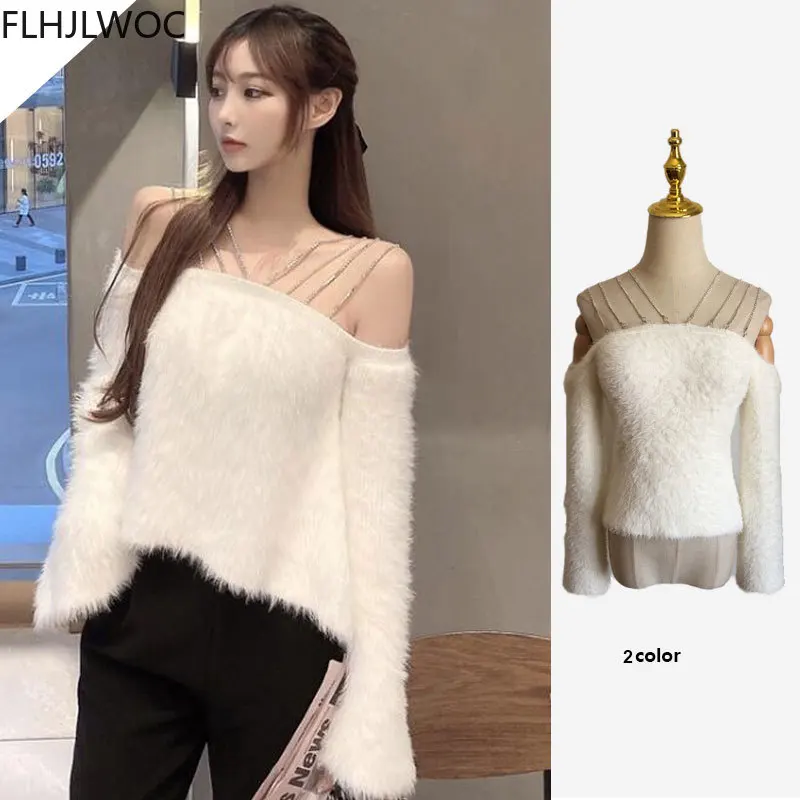 

2021 Korea Chic Tops Women Fashion Lazy Style Loose Bling Suspender White Knitted Pullovers Jumpers Sexy Off Shoulder Sweaters