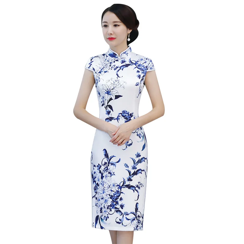 Blue and White Porcelain Cheongsam Summer New Young Women Retro Daily Cheongsam Improved Dress Mid-Length
