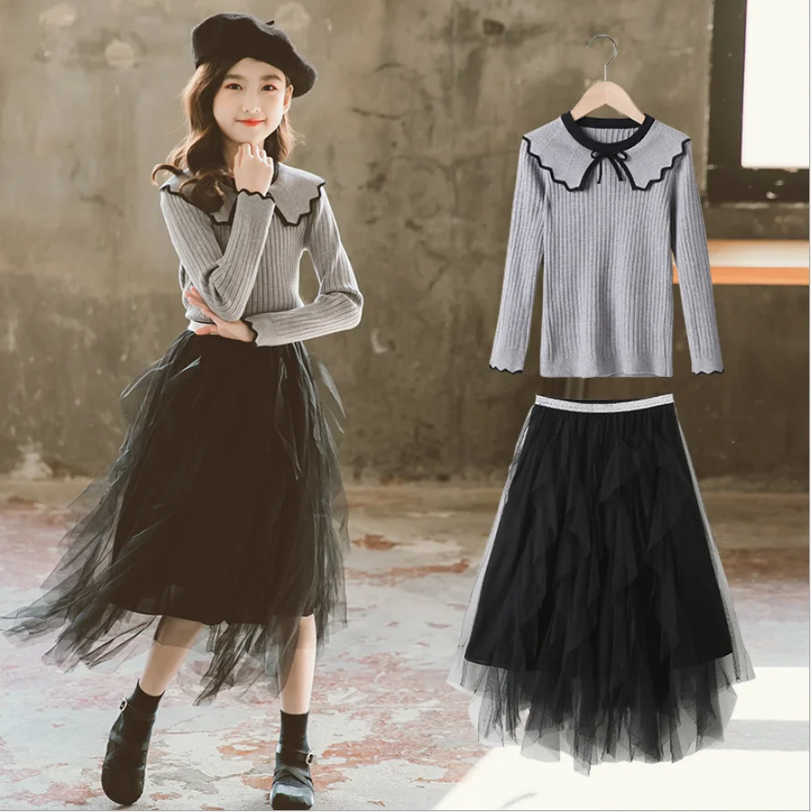 

Girls' Suits 2021 Spring New Korean Fashion Lapel Sweater Net Yarn Skirt Student Wear Two-Piece Suit