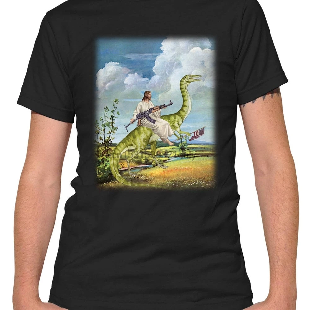 

God Bless America T Shirt Patriotic TShirt from Unusual Cards Jesus on a dinosaur with an AK 47 in Mens