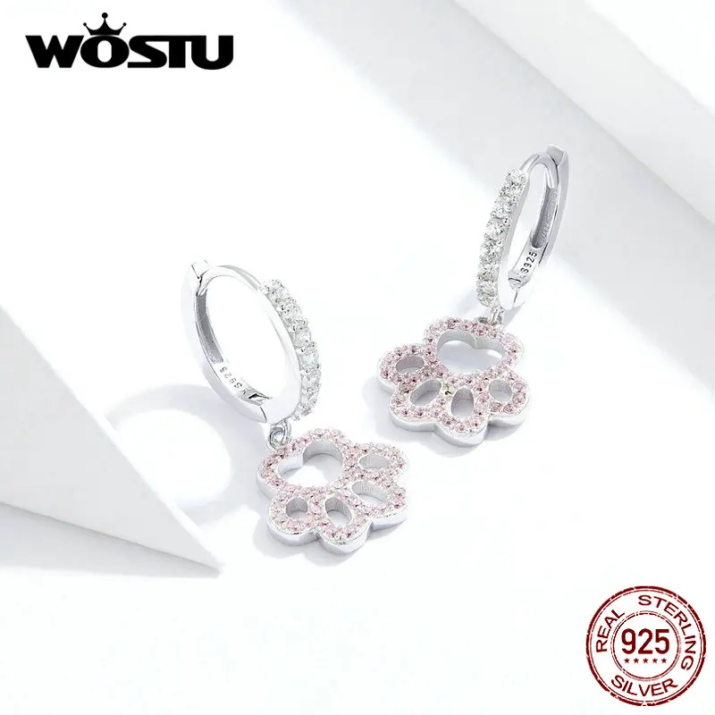WOSTU Fashion 925 Sterling Silver Paw Dog Pets Footprint Drop Earrings For Women Pink Zircon Wedding Jewelry DXE771 | Украшения и