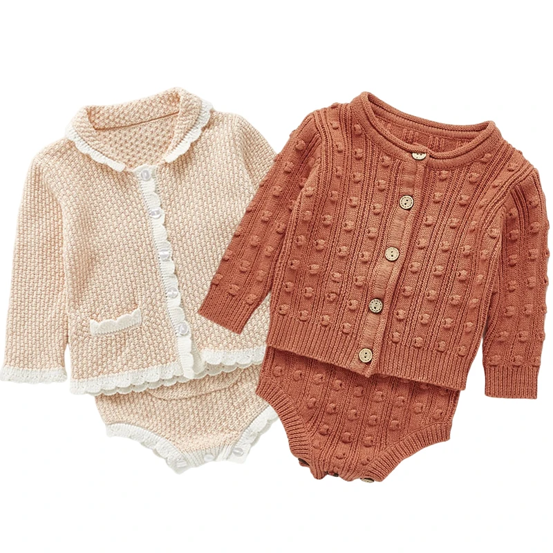 

0-3Yrs Toddler Baby Girl Knitting Clothes Set Spring Autumn Solid Color Hollow Out Cardigan Coat+Romper Newborn Baby Clothes Set
