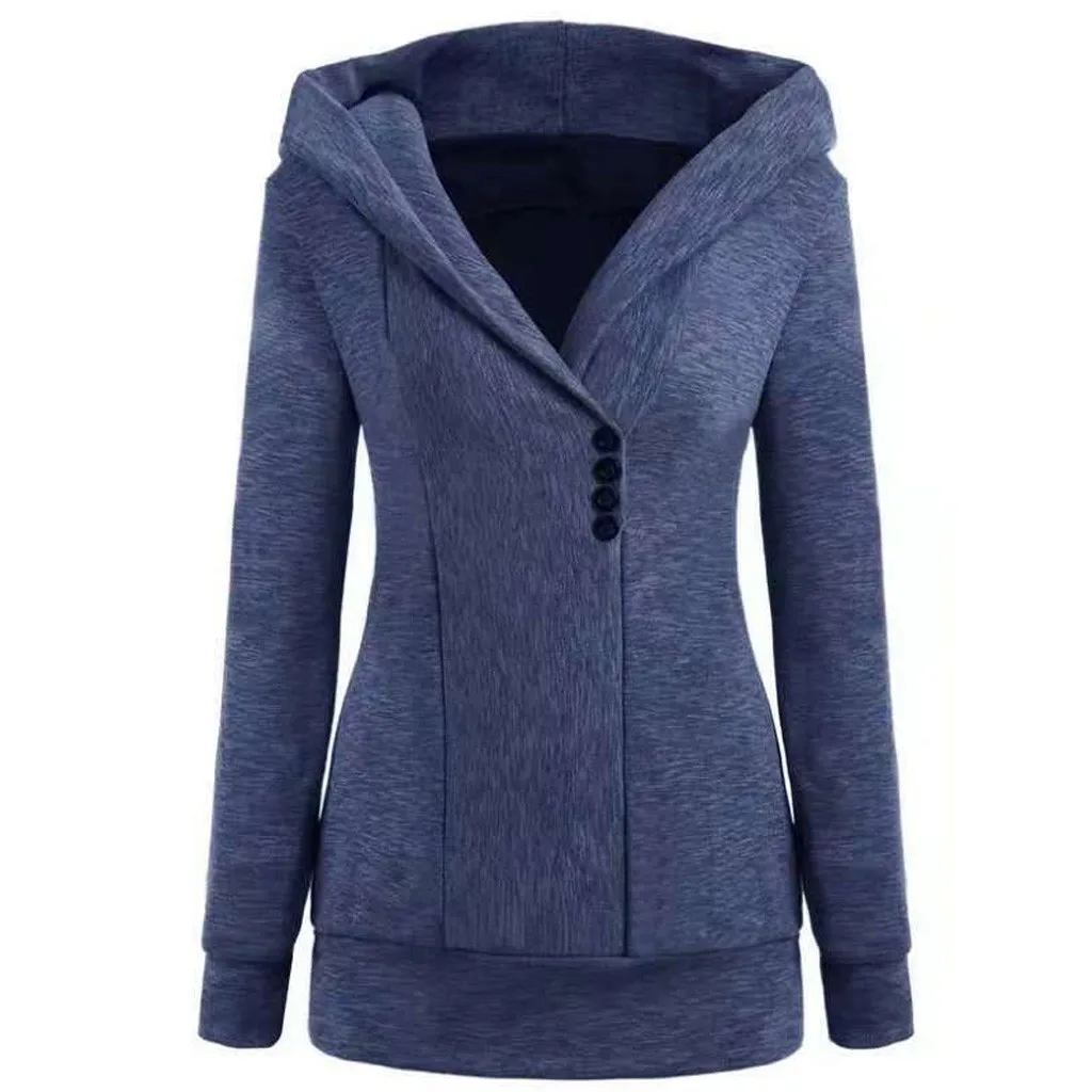 Повседневные женские толстовки с капюшоном пальто длинным рукавом и пуговицами