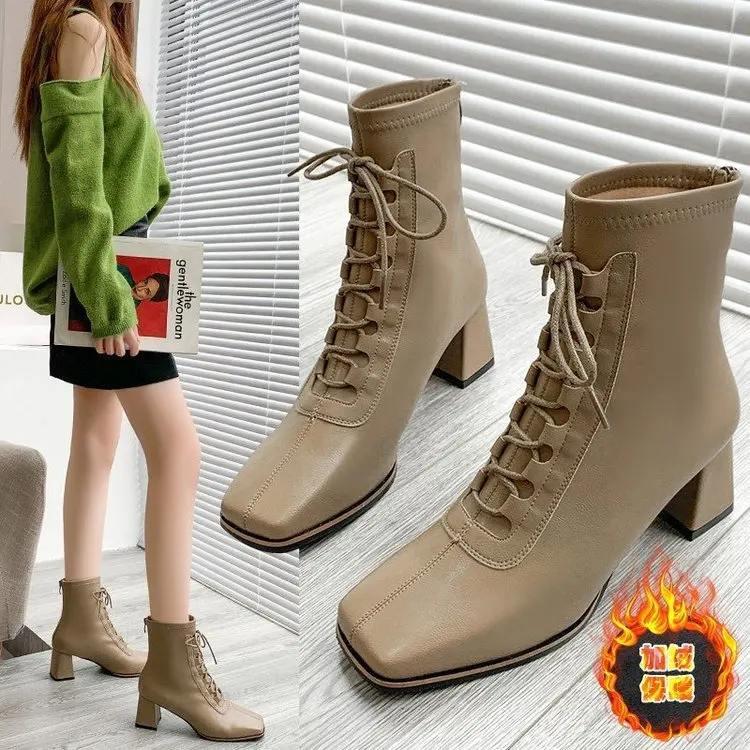 High-Heeled Fashion Boots Spring Winter Breathable Women Shoes Ladies Toe Thick Heel High Boot