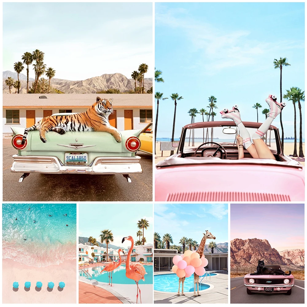 

Giraffe Palm Springs Beach Art Print Fashion Tiger The Pool Motel Wall Art Canvas Painting For Living Room Decoration Unframed