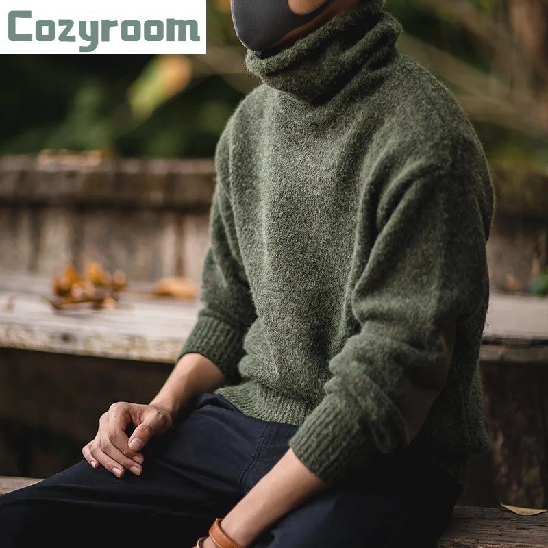 

Men's Vintage Warm Soft Mohair Turtleneck Sweater Green Grey Long Sleeve Sweater With Elbow Patch