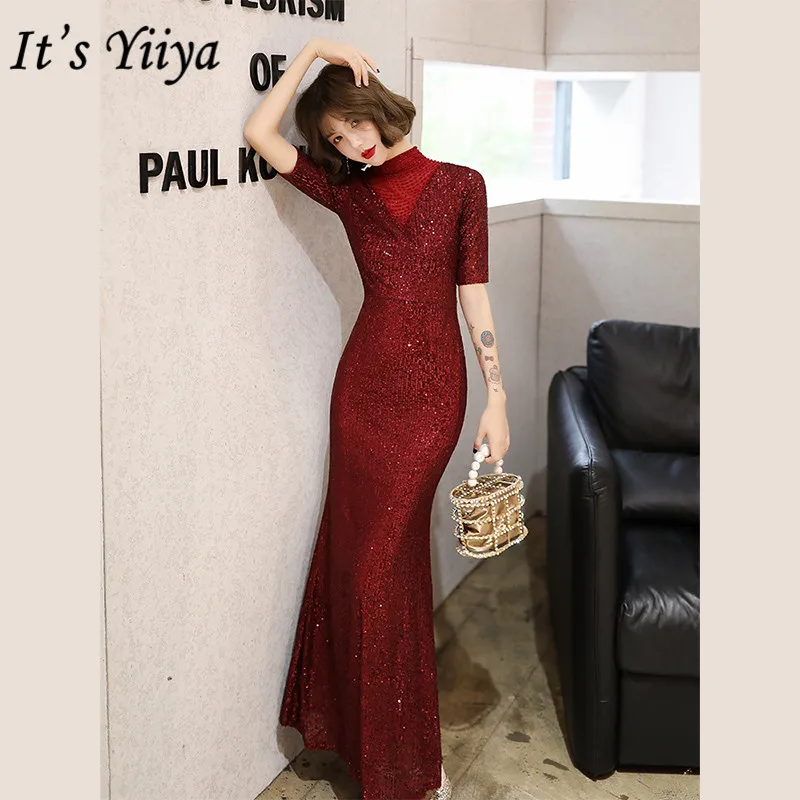 

It's YiiYa High Collar Evening Dress Half Sleeve Mermaid Robe De Soiree K073 Burgundy Sequined Zipper Dress Woman Party