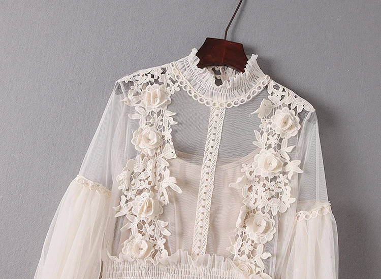 Женское кружевное платье SMTHMA лоскутное с рукавами фонариками и высокой талией