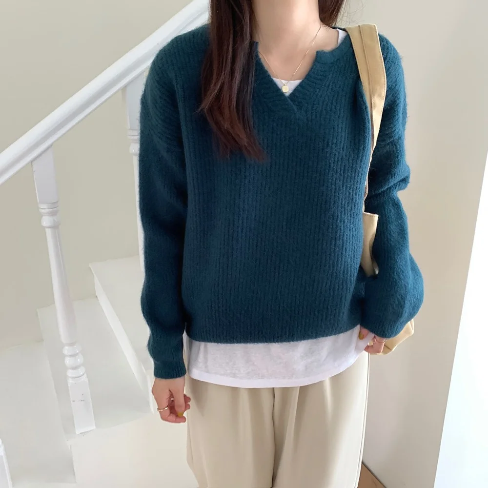 

HziriP Warm V-Neck Solid Knitwear Sweaters Hot Lady 2021 Loose-Fitting Pullovers OL New Autumn Casual Bottom All Match Jumpers
