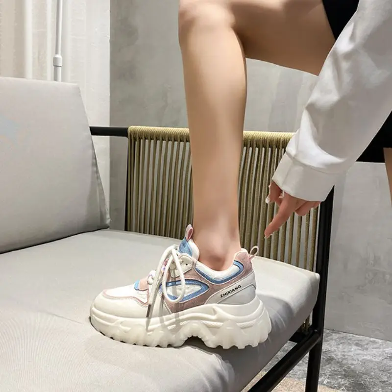 

KemeKiss 2021 New Real Leather Women Sneakers Round Toe Thick Bottom Mixed Color Cross Strap Leisure Ladies Footwear Size 35-39