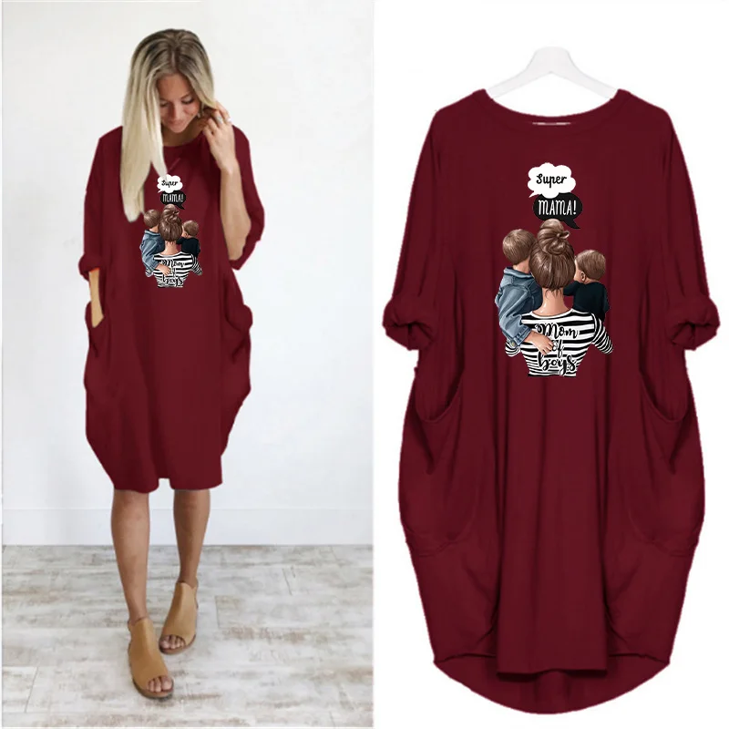 

Long Sleeve Dress Loose Dresses for Women Kids and Mom Print Casual Vintage o Neck Pocket Party Vestidos Robes Femme