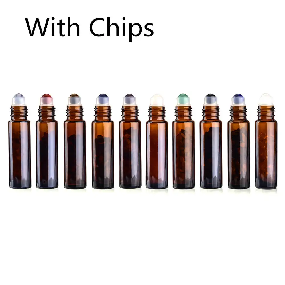 Amber glass and chip 10 шт. стеклянный контейнер, трубки, бутылки для эфирного масла, 10 мл, драгоценный камень, кристалл, ролик для хранения масла, трубка для ароматерапии - Цвет: Amber glass and chip