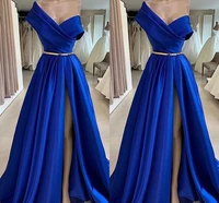 new one shoulder royal blue prom dresses long robe de soiree a line satin dubai sexy high slit formal evening dress vestidos