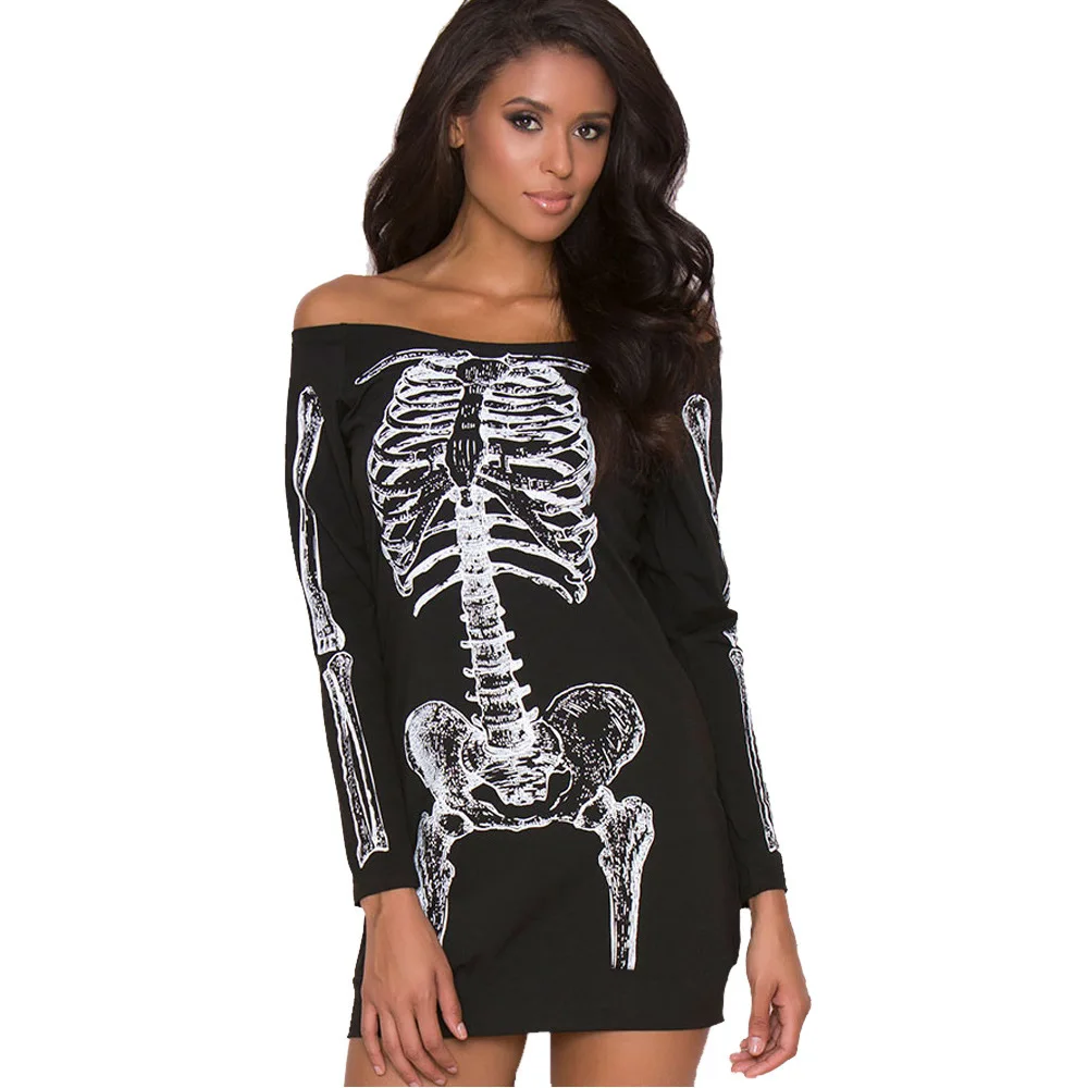 2019 Хэллоуин кошка череп печати Мини платье для женщин готический панк пуловер с