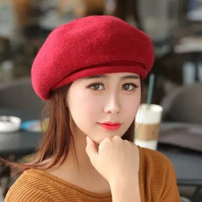 Red Зимние шапки для женщин Skullies Beanies модные теплые береты шапки Новая женская вязаная шапка элегантная шапка художника - Цвет: Red