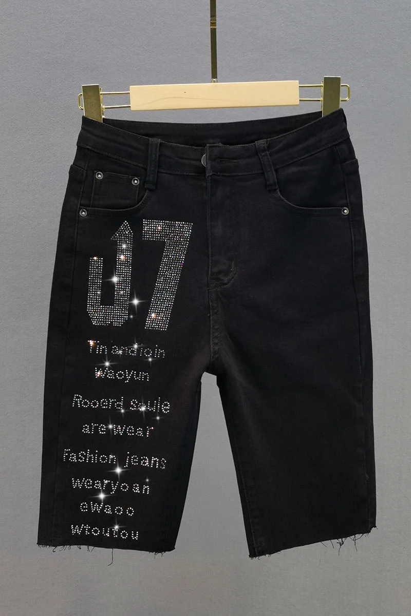 

2021 Summer New Letter Hot Drilling Cotton Elastic High Waist Slim Female Fifth Jeans