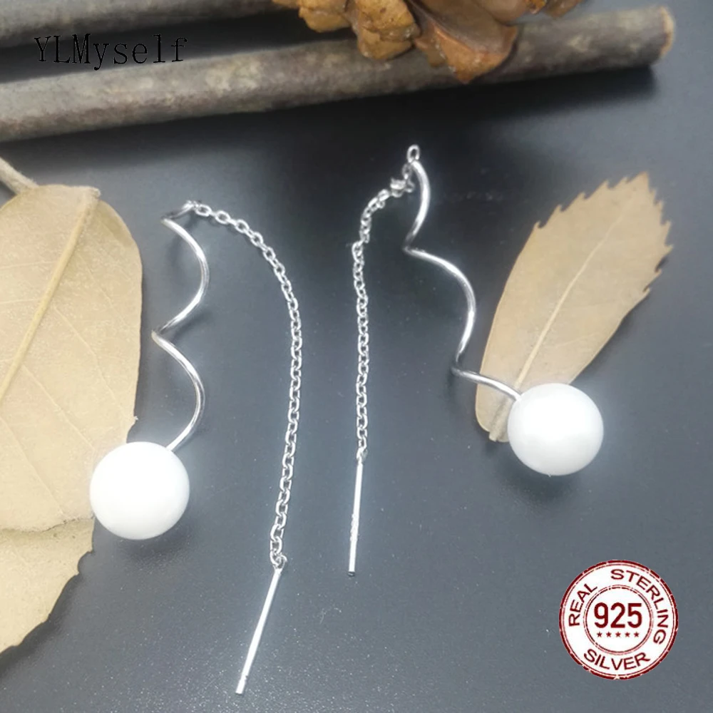 

Pure Sterling Silver 10CM Tassel Earrings 10mm Shell Pearl Very Long Drop Earring Real 925 Fine Jewelry