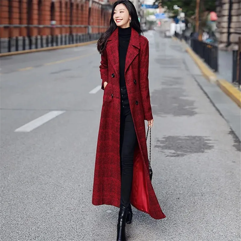 

Autumn Winter Woolen Coat For Women New Thick Plaid Lapel Double-breasted Lace-up Long Slim Fashion Temperament Commuter Jacket