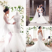 mermaid wedding dresses hot lace appliqued with buttons back tulle sweep train beach bridal gowns