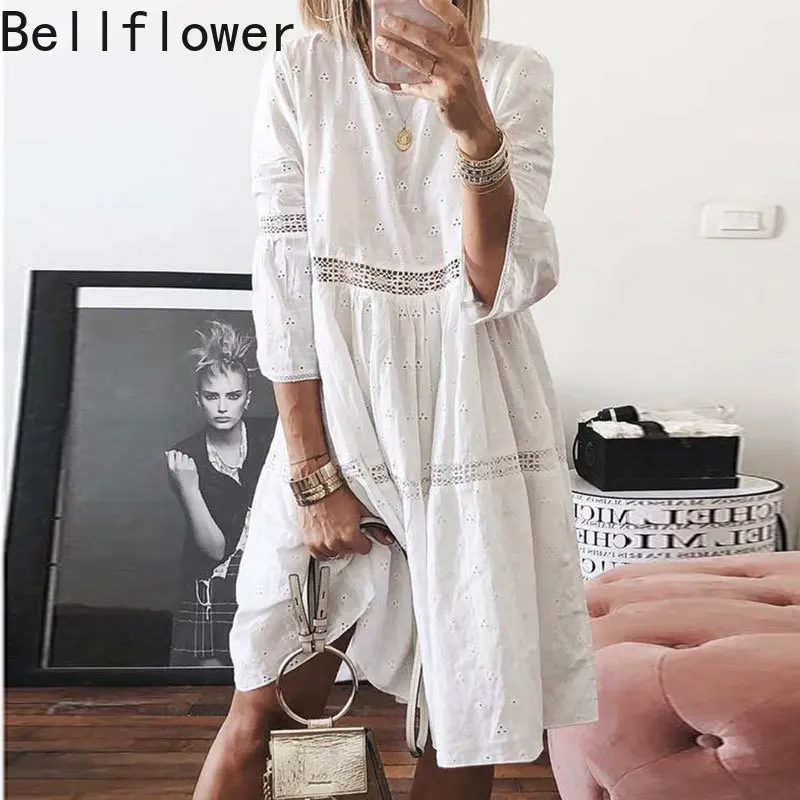 

Embroidered Three-quarter Sleeve Dress Plus Size Women's Clothing Casual Loose O-Neck Hollow Out French White Summer Dresses