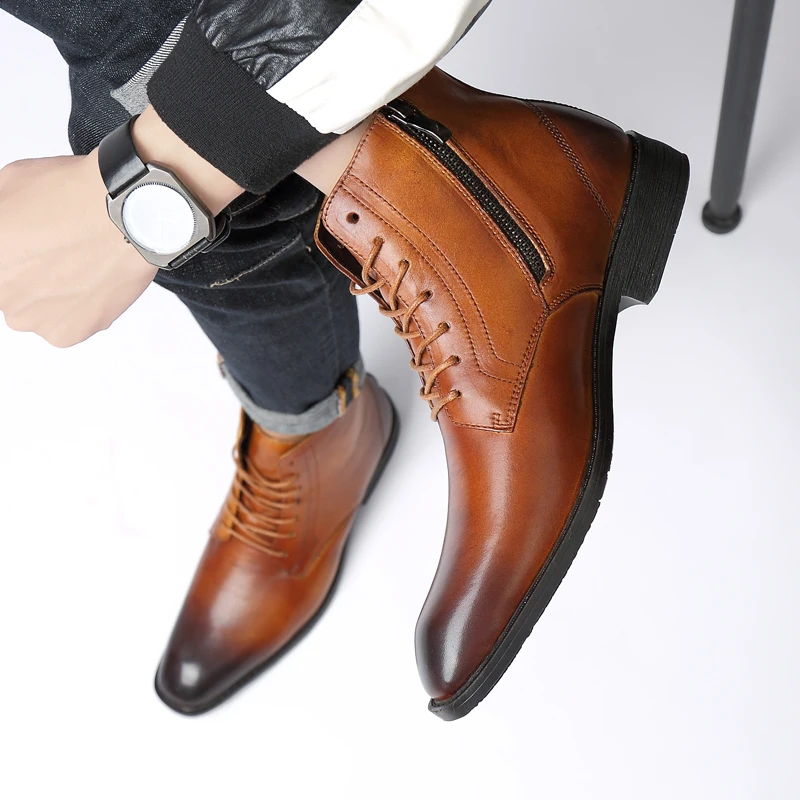 

2019 New High-Top Classic Men Casual Business Genuine Leather Derby Shoes Men's Flat Wedding Party Brogue Male Footwear