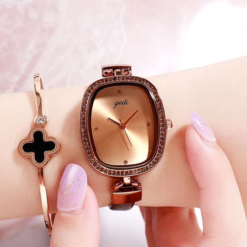 

Роскошные Брендовые женские часы GEDI 2019 с кристаллами, женские часы под платье, модные кварцевые часы цвета розового золота, золотые наручны...