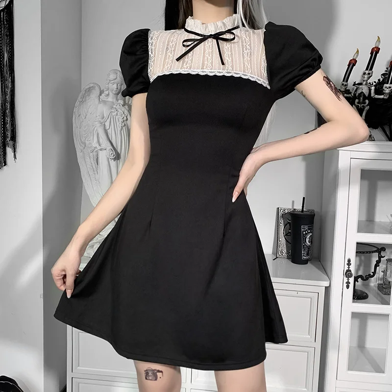

hirigin Bow White Lace Patchwork Dress Y2K Gothic Vintage High Waist Short Puff Sleeve Short Mini Dress Female Vestidos 2022