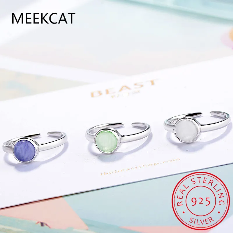 

Real 925 Sterling Silver Blue Crystal Round Ring Adjustable For Fashion Women Cute Fine Jewelry Minimalist Accessories 2021 Gift