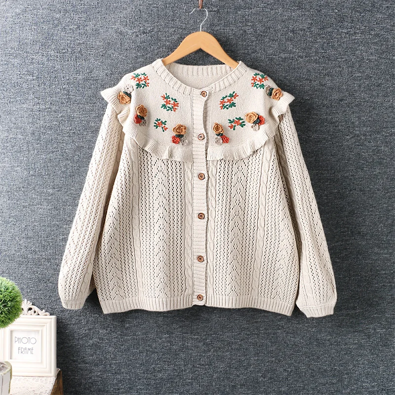 Женский шерстяной кардиган с цветочной вышивкой свободный трикотажный в стиле