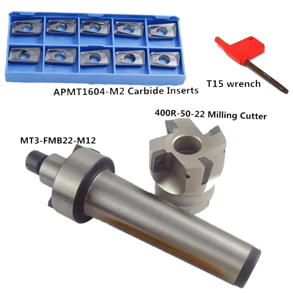 10Pcs/Set APMT1604-M2 Carbide Inserts+400R-50 Milling Cutter+MT3 FMB22 Shank Taper Arbor Screw locking T15 Wrench | Инструменты