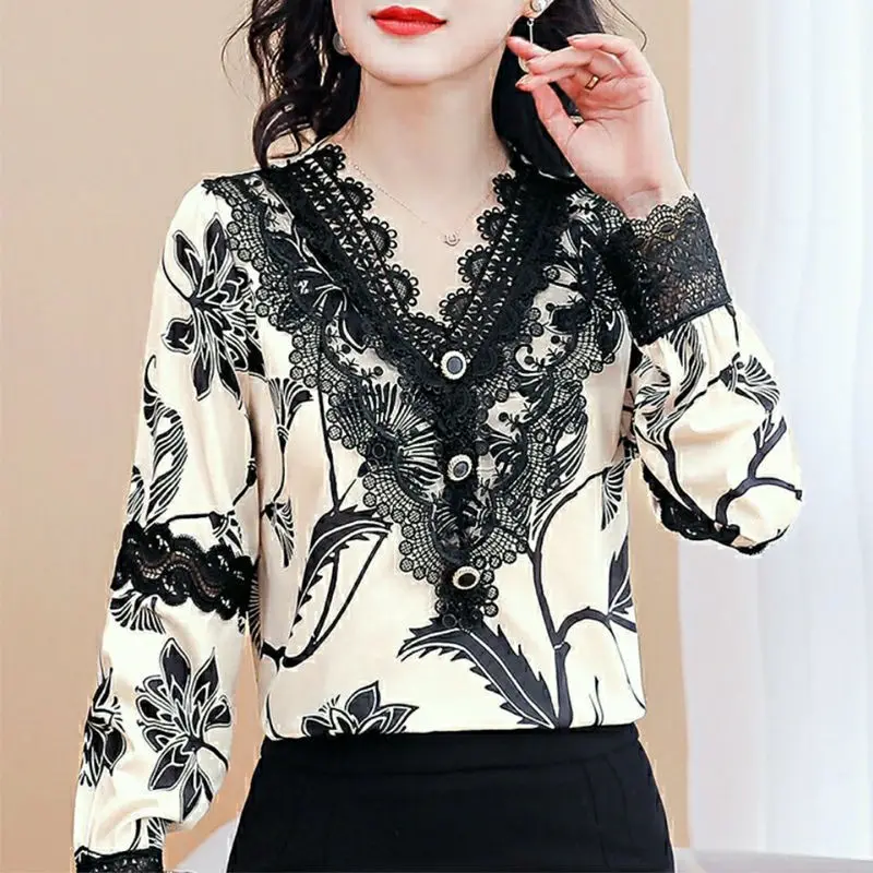 

Chiffon Lace Women Shirts Summer New 2021 V-Neck Long-Sleeved Slim Office Lady Elegant Pulls Outwear Coats Tops