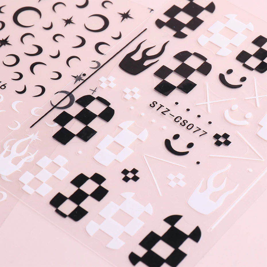 3D Черно-Белая Луна Звезда Наклейки Для Ногтей Шахматная Доска Улыбка Пламя Узоры