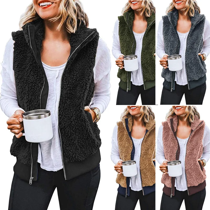 

2021 women's fall/winter new style zipper pocket warm furry vest jacket women