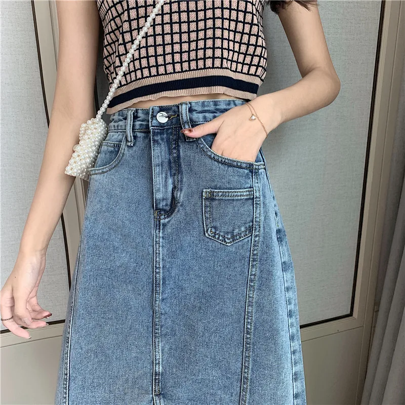 

HziriP 2021 New Women Denim Skirt Fashion Stitching A-line Slim High Waist Split Elegance Casual All-Match Female Office Lady