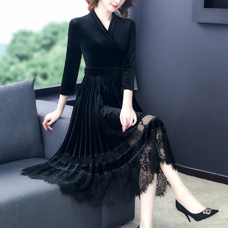 

Fall Winter Womens V Neck Lace Patchwork High Waisted Elegant Velvet Dress , 3/4 Sleeve Black Long Velour Dresses for Woman
