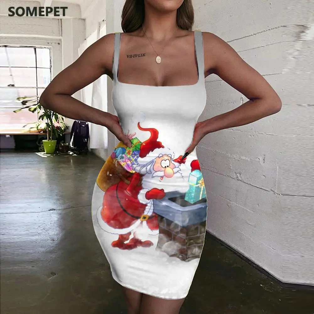 

SOMEPET Santa Claus Dress Women Painting Bodycon Dress Gift Vestido Sexy Art Ladies Dresses Womens Clothing Party Short Boho