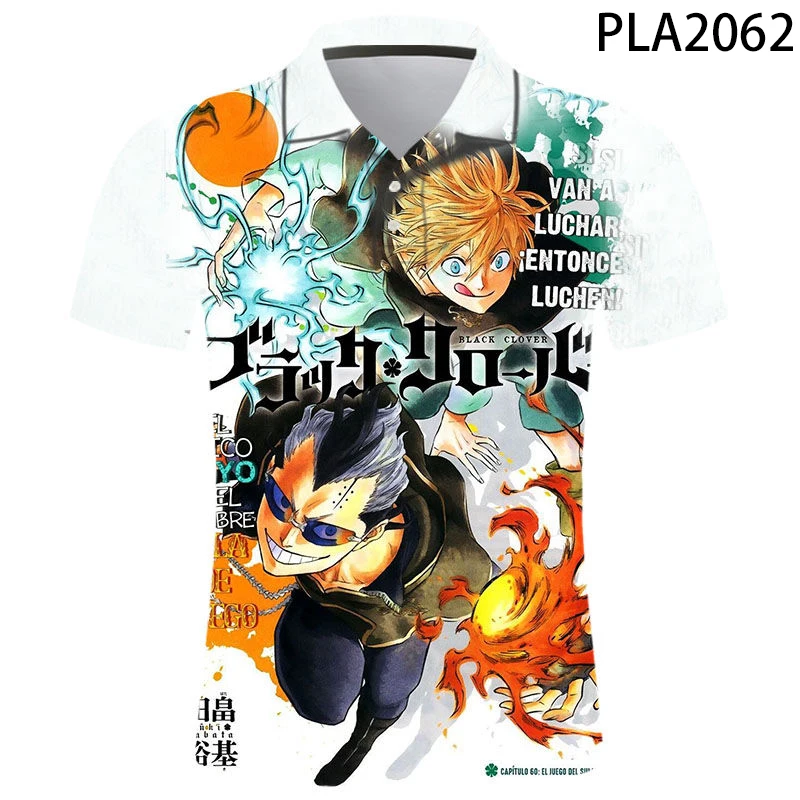 

Мужская рубашка-поло с коротким рукавом, Повседневная Уличная одежда в стиле Харадзюку, с 3D-принтом черного клевера из комиксов, лето