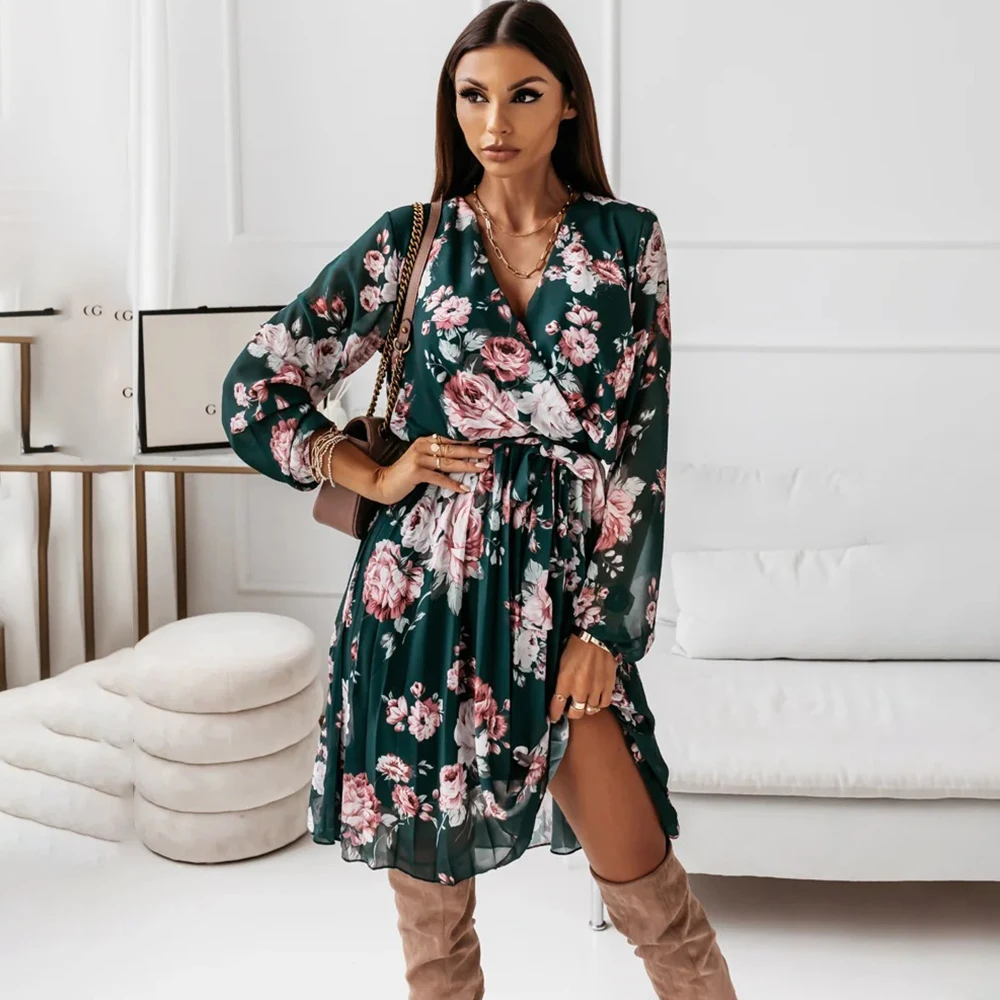 Женское шифоновое платье с цветочным принтом длинным рукавом и глубоким